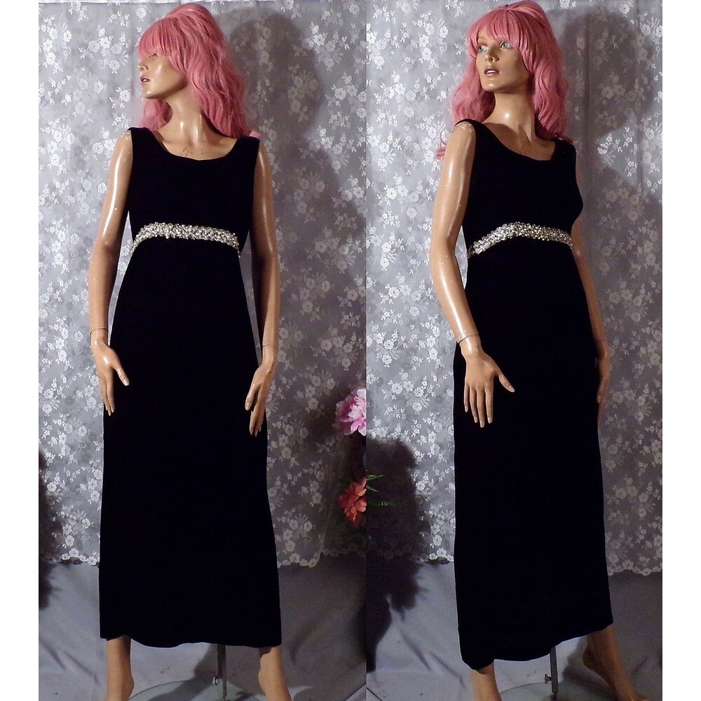 Vintage 60s Black Velvet Maxi Dress Small Pearl Beaded Empire Waist Formal Gown
